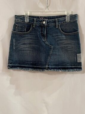 Vintage Y2k Bebe Raw Edge Denim Mini Skirt, Rhinestone Accents, Size 29